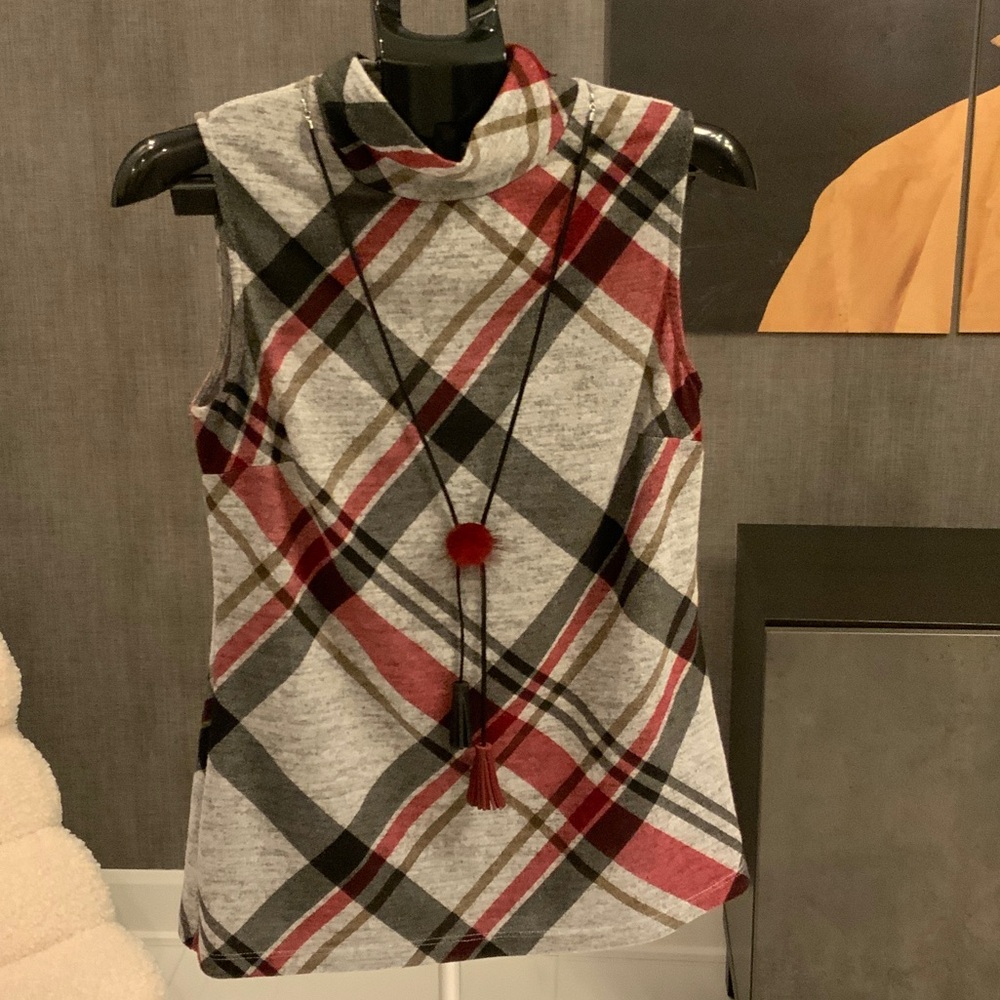Frank Lyman sleeveless Black, burgundy and gray plaid turtleneck top -  12